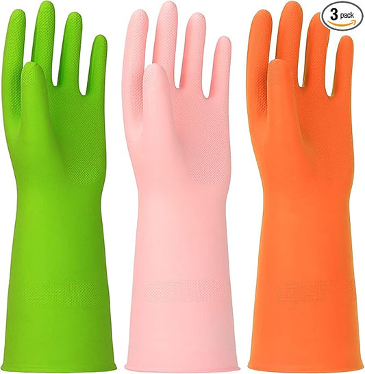 3 Pairs Rubber Cleaning Gloves Latex Free Dishwashing Gloves - 13" Reusable Nitrile Gloves Large, Green+Pink+Orange