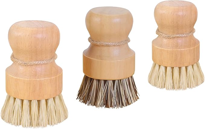 Wooden Dish Scrub - Natural Fiber Scrubber for Handle Kitchen Food & Dishes and Vegetable - 3 Pack