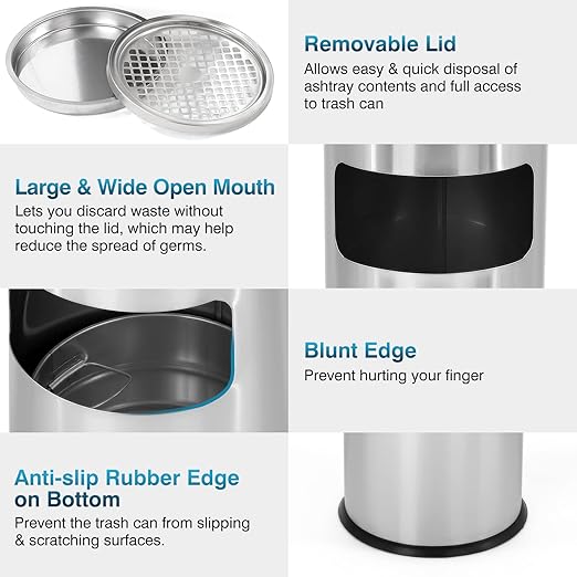 IRONWALLS Indoor Outdoor Trash Can with Lid, Silver Floor Standing Stainless Steel Garbage Bin with Removable Inner Barrel, Commercial Waste Bin Container Trash Receptacle, Patio Garbage Can