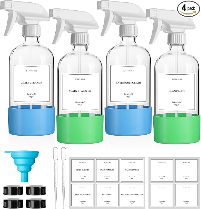 4 Pack Glass Spray Bottles with Silicone Sleeve,16oz Clear Glass Spray Bottles Refillable Empty Bottle with Adjustable Nozzle,Spray Bottle for Cleaning Solutions,Essential Oils,Pets,Hair