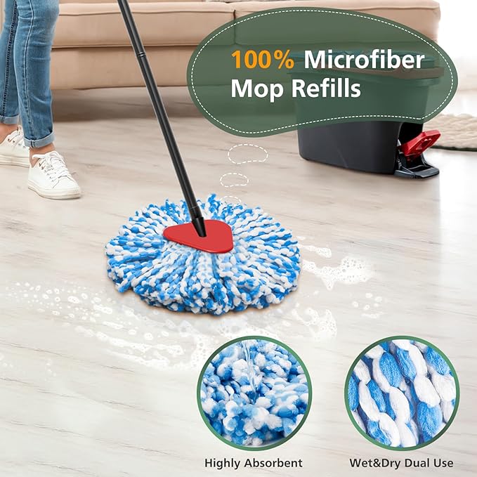 4 Pack Spin Mop Refill Replacement Head Compatible with EasyWring 1-Tank System Spinning Mop, with 1 Swivel Mop Base, 100% Microfiber Deep Cleaning Machine Washable - Blue