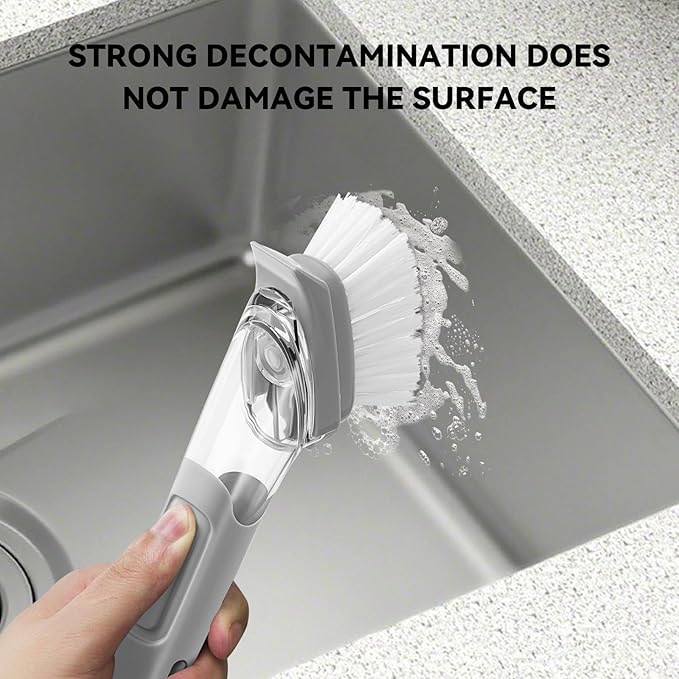 SetSail Dish Brush, Dish Cleaning Brush with Stainless Steel Handle and Replace Head Kitchen Dish Scrub Brush with Soap Dispenser for Pot Sink Pan Cleaning, Grey
