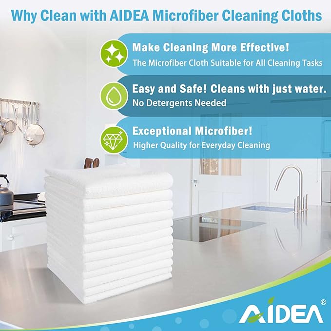 AIDEA Microfiber Cleaning Cloth White, 8PK, Absorbent Lint Free Rags, Scratch Free, Streak Free Microfiber Towels, Dish Towels White, 11.5in.x11.5in.