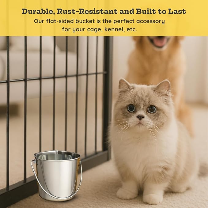 2 Quart Stainless Steel Flat Side Bucket | Durable Heavy Duty Food & Water Feeding Pails for Small Pet Birds Dog Cat | Fits kennels Cages Critter Crates Hanging Pail | Multipurpose Bucket