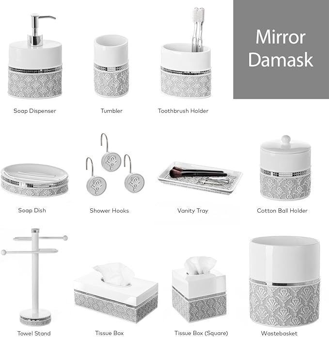 Creative Scents Mirror Damask Toothbrush Holder for Bathroom - Gray & White Toothbrush and Toothpaste Holder - Decorative Toothbrush Cup for Bathroom Holds Multiple Standard Or Electric Toothbrushes
