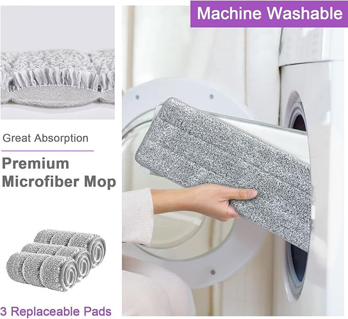 Mop and Bucket with Wringer Set, Hands Free Flat Floor Mop and Bucket, 5 Washable Microfiber Pads Included, Wet and Dry Use, Home Floor Cleaning System for All Floor Types and Windows,Purple