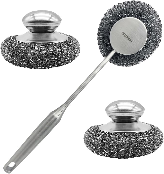 Stainless Steel Wool Scrubber Set, Long Handle & Handle Brushes,Metal Brush for Pots, Pans, Grills & Cutlery Cleaning (3 Pack)