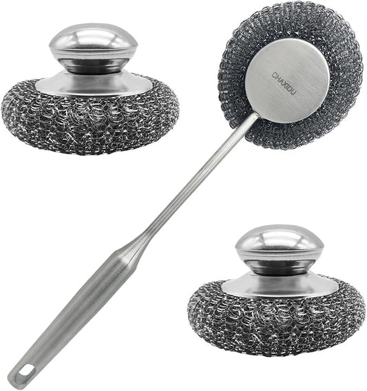 Stainless Steel Wool Scrubber Set, Long Handle & Handle Brushes,Metal Brush for Pots, Pans, Grills & Cutlery Cleaning (3 Pack)