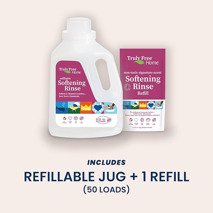 Truly Free Natural Fabric Softener for Sensitive Skin, Baby, Kids | Clean Easy Powder to Liquid Laundry Softener | Lavender Eucalyptus, Septic Safe | 1 Pack Fabric Softner + 1 Refillable Jug, 50 Loads