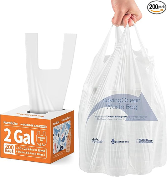 Small Trash Bags with Handles 2 Gallon 200 Count White - Ocean Plastic Upcycling - Plastic Garbage Bags, Can Bin & Waste Basket Liner for Kitchen, Bathroom, Office and Pets