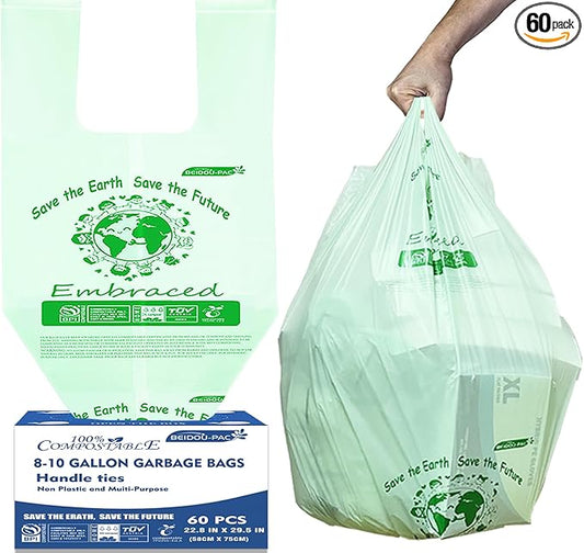 8-10 Gallon Compostable Trash Bags, 60 Count - Kitchen & Food Scrap Waste Bags, Sturdy & Biodegradable, ASTM D6400, US BPI Certified