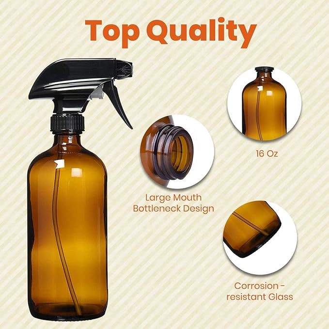 Amber Glass Spray Bottles For Cleaning Solutions (4 Pack) - 16 Ounce, Refillable Sprayer for Essential Oil, Water, Kitchen, Hair. Durable Black Trigger Sprayer w/Mist and Stream Settings