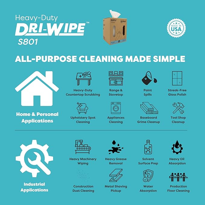Dri-Wipe S801 by SMPLY Brands – 160 Count Heavy-Duty Wipes, 10" x 15" – Strong Alternative to Paper Towels, Shop Towels, Rags, Microfiber Cleaning Cloths, and Magic Cleaning Cloths
