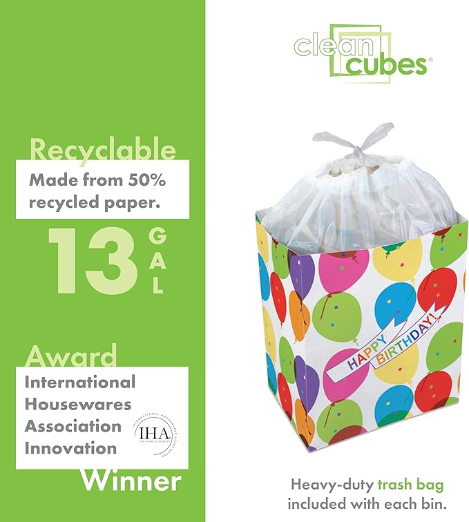 13 Gallon Disposable Pop-Up Trash Cans (6-Pack) with Fitted Bags – Foldable Garbage & Recycling Bins for Parties, Events & Kitchen (Birthday, 17" H x 13.5" W x 10" D)