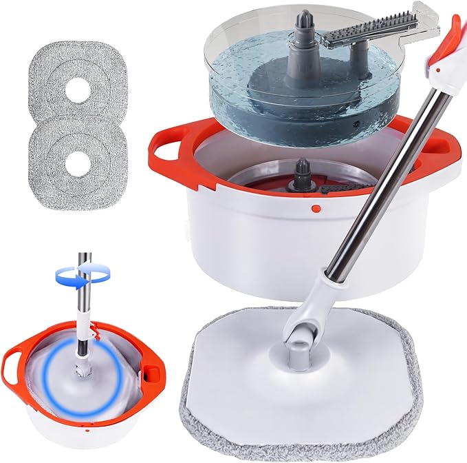 Spin Mop and Bucket Set with Separate Dirty and Clean Water,360° Spin Mop and Bucket System with Widening Foldable Handle,2 Replaceable Mop Pads,Square Mop for Floor Hardwood Tile Marble Wall Cleaning