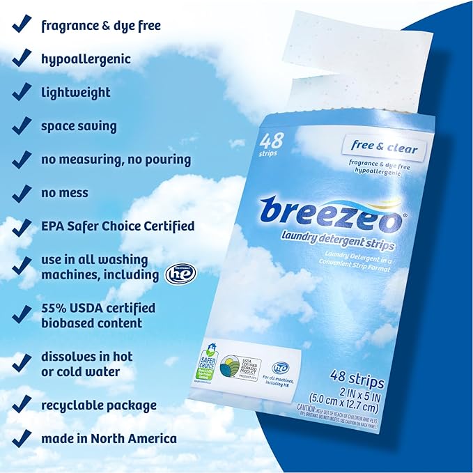 Breezeo Laundry Detergent Strips (48 strips) – Free & Clear - More Convenient than Pods, Pacs, Liquids or Powders – Great for Home, Dorm, Travel, Camping & Hand-Washing