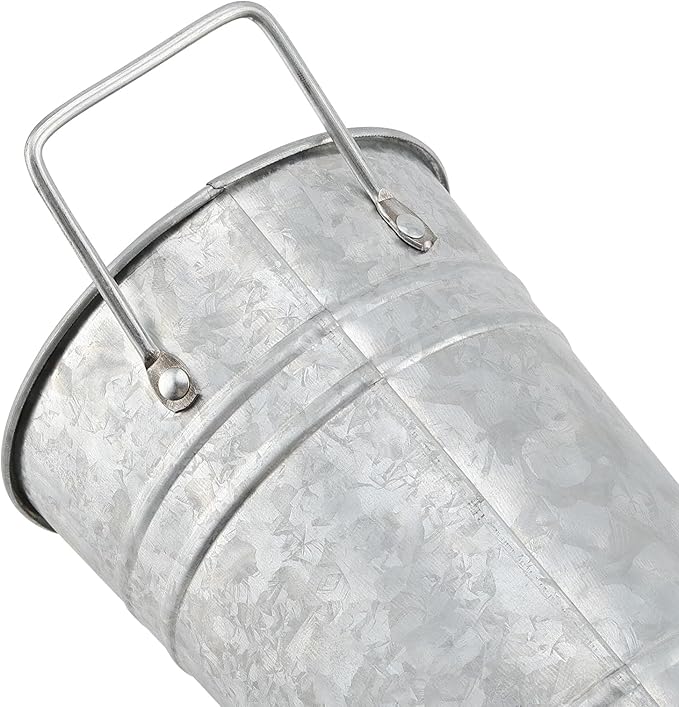 4 Pack 9 Inch Tall Galvanized Flower Bucket, Silver Farmhouse French Flower Bucket with Handle, Small Rustic Buckets Vintage Metal Vases for Flower, Centerpieces, Floral Wedding Arrangements