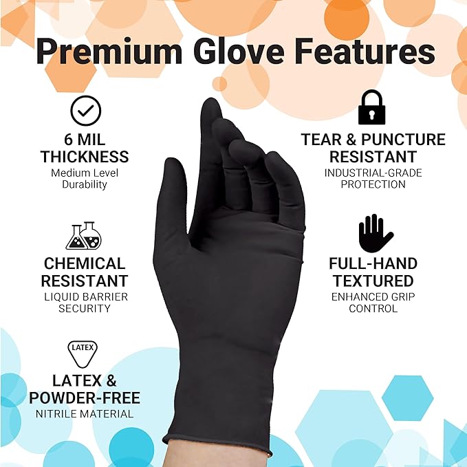 ASAP Thick Black Nitrile Gloves Disposable Latex Free - 6 Mil, Powder Free, Food Safe, Kitchen & Mechanic