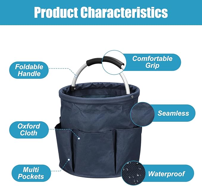 Cleaning Caddy with Handle, 17L Cleaning Supply Caddy Foldable Bucket Organizer Cleaning Products Organizers Cleaning Tools Bag 4.5 Gallon(Navy blue)