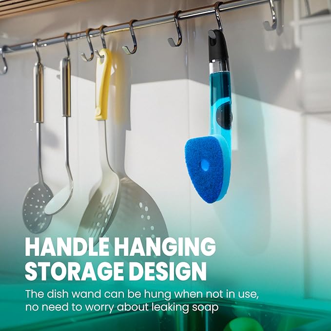 HELIME Dishwand Handle with Sponge Refills,5 Heavy Duty Dish Wand Refill with Hole,Non-Scratch Dishwashing Brush with Soap Control Dispenser, Leak-Proof Kitchen Scrubber for Pans,Dishes,Scrub Clean