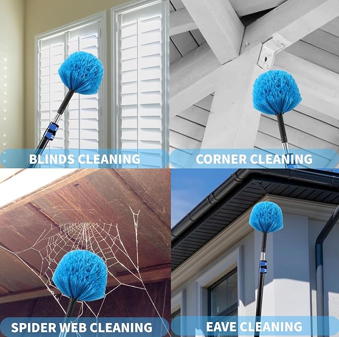 4 Pack Screw on Webster Cobweb Duster Head for Pole,Spider Web Remover Brush, Cobweb Duster Head Attachment,Fits Standard 3/4 inch Threaded Poles (4, Blue)