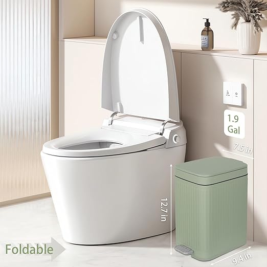 rejomiik Small Bathroom Trash Can with Lid 1.9 Gallon Step Trash Can Slim Garbage Can with Soft-Close Waste Bin for Bathroom, Bedroom, Office, Dorm, RV, Sage Green
