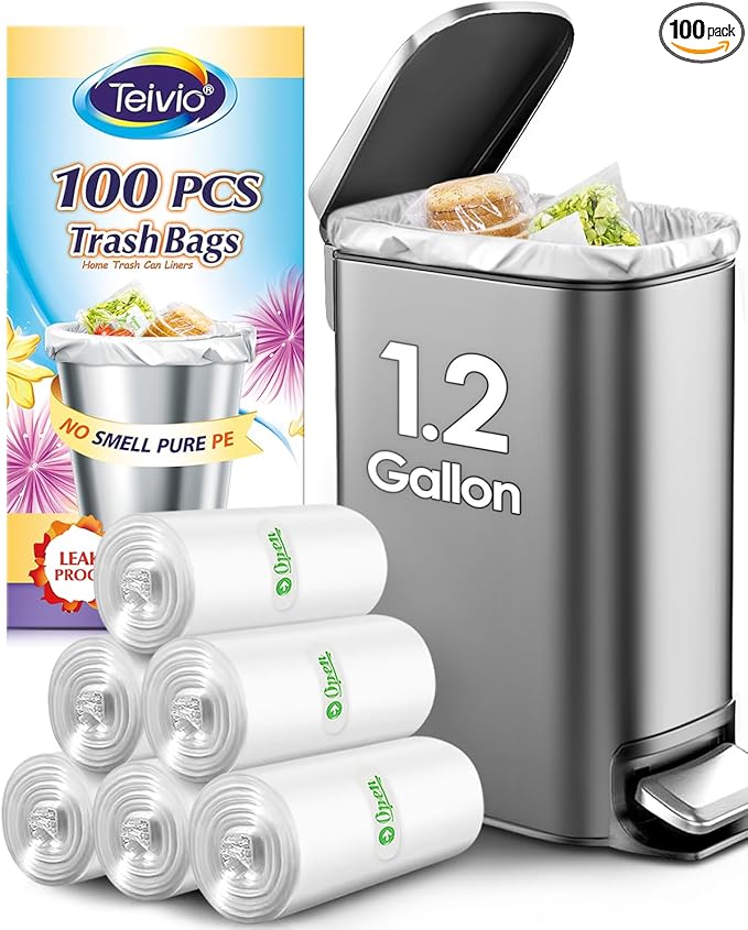 1.2 Gallon(Fit 1-1.2Gal)100 Counts Strong Trash Bags 1 Gallon 1.2 Gallon Garbage Bags by Teivio, Waste Basket Liners,Bathroom Trash Can Bin Liners, Small Plastic Bags for Home Office Kitchen(Clear)
