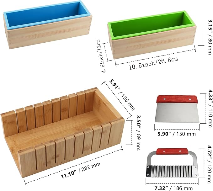 ZOENHOU 7PCS 42oz Soap Molds with Stainless Steel Wavy Slicer and Straight Slicer, Soap Loaf Bar Rectangular Silicone Soap Making Molds Kit with Wood Box DIY Tool Set for Soap Making Supplies