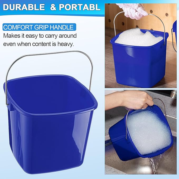 Zhehao 6 Pcs 3 Quart Cleaning Bucket Small Detergent Square Bucket Sanitizing Plastic Pail with Handles Square Cleaning Pail for Home, Offices, School, Commercial Use, Food Service (Dark Blue)