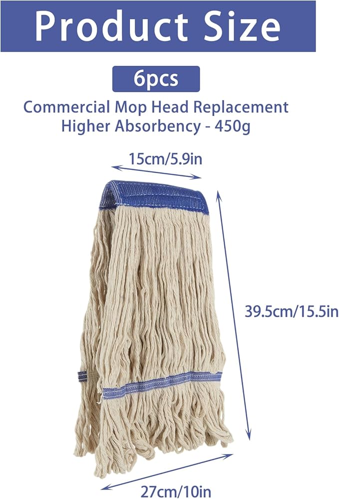 6 Pcs Mop Head Replacement Commercial Heavy Duty Mop Head for Floor Cleaning Wet Industrial White Cotton Loop-End String Wet Mop Head for Home, Industrial Cleaning