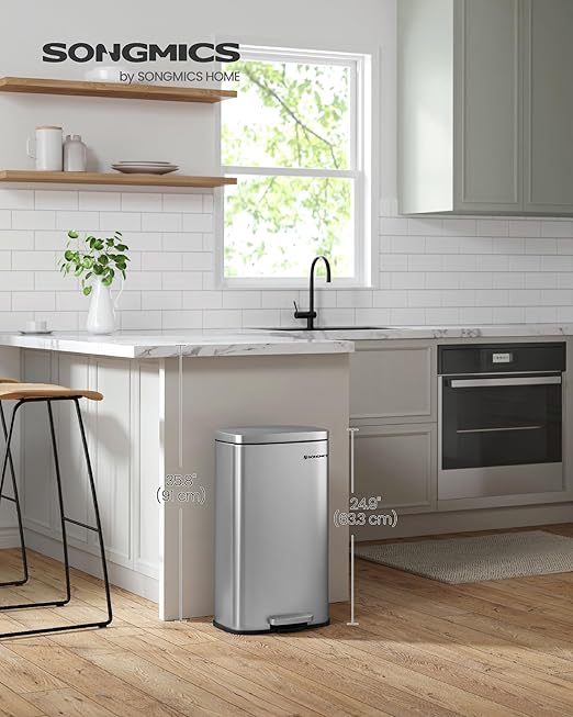 SONGMICS Trash Can with Lid, 8 Gallon Garbage Can, Stainless Steel Small Waste Bin with Step Pedal and Inner Bucket, Soft Close, Kitchen, Silver ULTB03NL