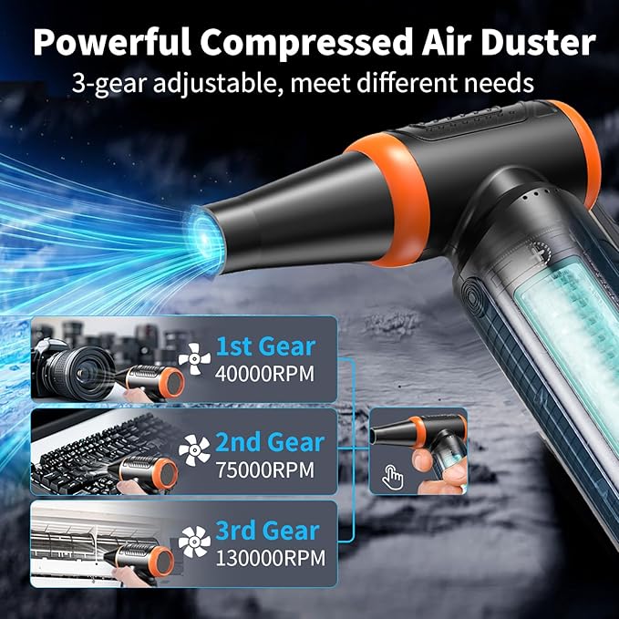 Electric Compressed Air Duster, Rechargeable Cordless Air Blower Jet Fan, Powerful 3 Gear Adjustable Portable Mini Dust Blower Dryer Cleaner for Keyboard, PC, Computer, Car, Home and Outdoor