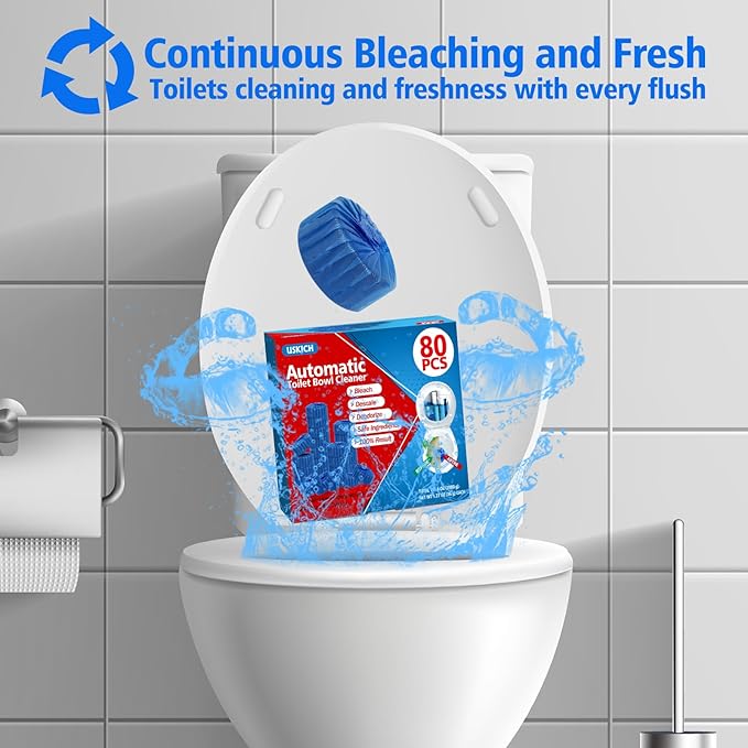 USKICH 80 Pack Toilet Bowl Cleaner Tablets,Blue Automatic Toilet Tank Cleaners, Long-Lasting Household Toilet Cleaners,Toilet flush Cleaning & Deodorizer