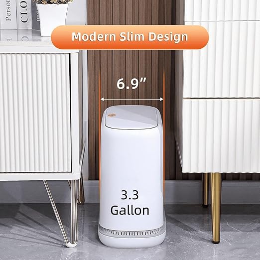 MOPALL Bathroom Trash Can with Lid, 3.3 Gallon Slim Odor-Control & Pet-Proof Garbage Bin, Automatic Bag Adsorption, Fits in Narrow Spaces, White
