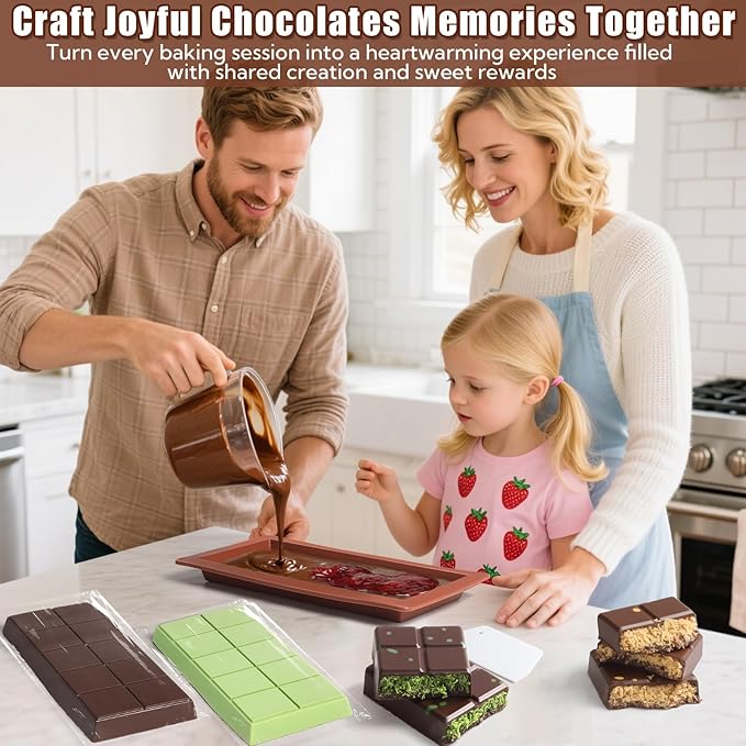 2 Pack Dubai Chocolate Bar Mold Deep Chocolate Molds Silicone with 100 Pcs Bags and 1 Pcs Scraper Set Big Chocolate Bar Mold for Filling Pistachio Chocolates Bars Homemade Candy Making