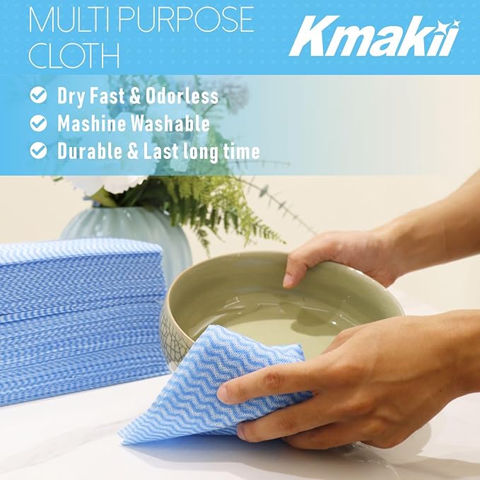 KMAKII Handi Wipe Reusable Cloths - Multi-Purpose Cleaning Cloths and Towels, Absorbent, Quick-Dry, Durable Wipes for Kitchen and Home, Blue, 11.8 x 21 inches, Pack of 40