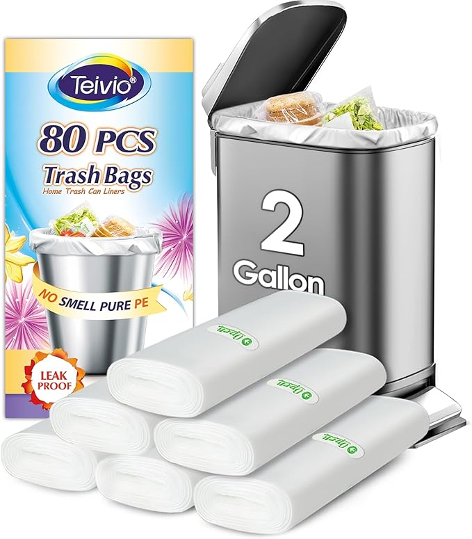 2 Gallon 80 Counts Strong Trash Bags Garbage Bags by Teivio, Bathroom Trash Can Bin Liners, Small Plastic Bags for home office kitchen, Clear