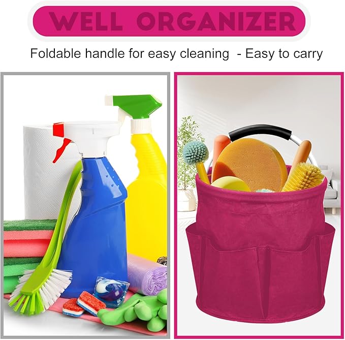 Cleaning Caddy for Cleaning Supplies,17L Cleaning Supply Caddy with Handle Foldable Cleaning Supplies Organizer Bucket Cleaning Products Organizers for Home, Garden (Rose Red)
