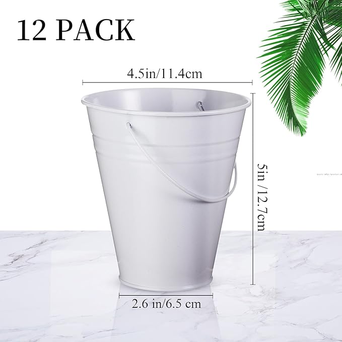 Sadnyy 12 Pack Metal Buckets with Handle, Galvanized Bucket 4.5 x 5 Inch Basket Bucket Party Supplies, Crafts for Christmas Halloween Candy Bars Vase Crafts(White)