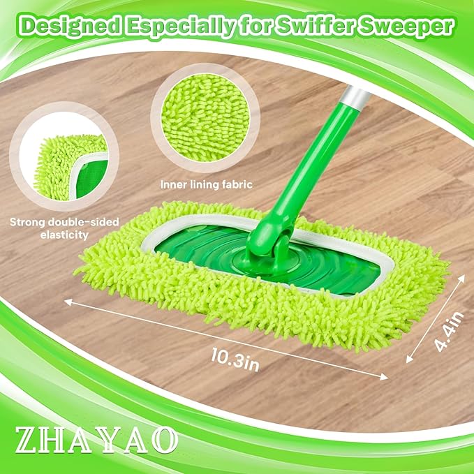 Reusable 100% Chenille Mop Pads Compatible with Swiffer Sweeper, Wet and Dry Flat mop Cover, 3 Pack Washable Pads for Surface/Hardwood Floor Cleaning (Mop is Not Included)