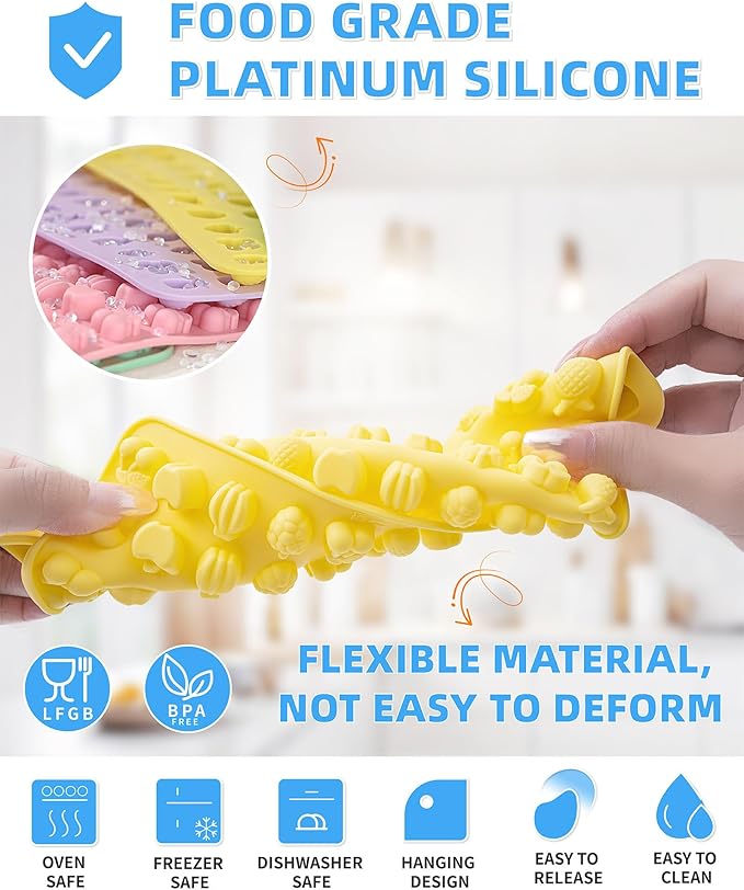 Mini Fruit Snack Molds Silicone, 5PCS Gummy Molds Trays with 2 Droppers 1 Clean Brush, Including Pineapple, Cherry, Grape, Banana, Apple Shape