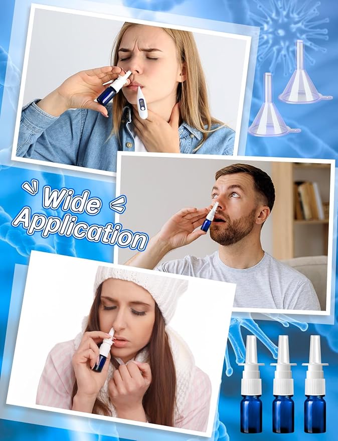 10 Pcs Nasal Spray Bottle, 5ML/0.17OZ 6 Pcs Blue Fine Mist Glass Empty Refillable Nasal Spray Bottle with 2 Pcs Funnels and 2 Pcs Labels