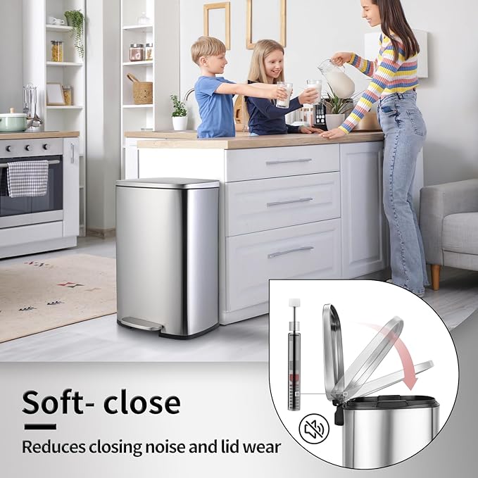 13.2+1.3 Gallon Trash Can Combo Set, Stainless Steel Garbage Bin with Pedal, Removable Inner Waste Bucket, Anti-Fingerprint, Soft-Close Locking Lid Dustbin for Kitchen, Bathroom, Office