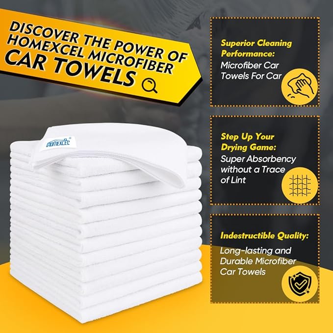 HOMEXCEL White Microfiber Cleaning Cloth 50 Pack, 12.5 x 12.5 inch Microfiber Towels for Cars, Ultra Absorbent Car Washing Cloth, Lint Free Streak Free Cleaning Rags for Car, Kitchen, and Window