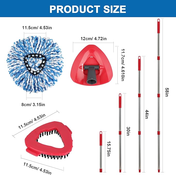 RinseClean Spin Mop Head Refill for Vileda EasyWring 2-Tanks System - Rotating Microfiber Triangle Replacement Pads Washable & Reusable fit All Floor - 4 Cloth 1 Mop Base 1 Handle and 1 Brush