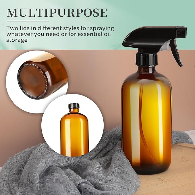 16oz Amber Glass Spray Bottles,6 Pack Glass Spray Bottles Refillable Empty Bottle with Adjustable Nozzle,Spray Bottle for Essential Oils,Cleaning,Pets,Hair Mister