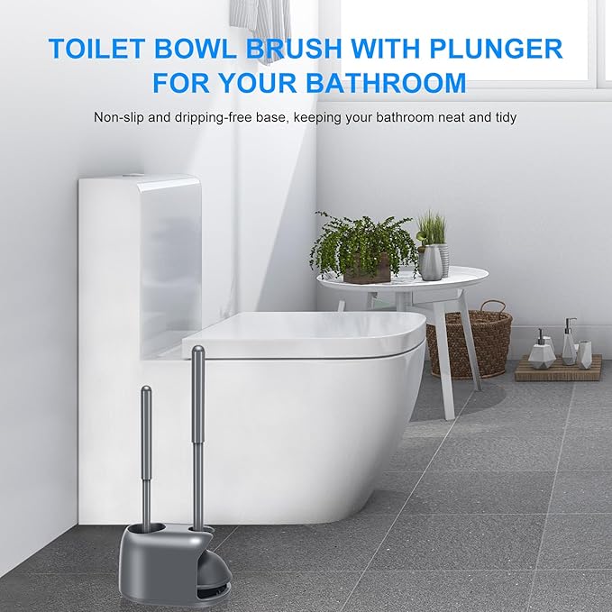 SetSail Toilet Brush and Plunger Set, 3 Pack Toilet Plungers for Bathroom with Holder Heavy Duty Toilet Bowl Brush and Holder Hidden for Deeply Cleaning - Gray