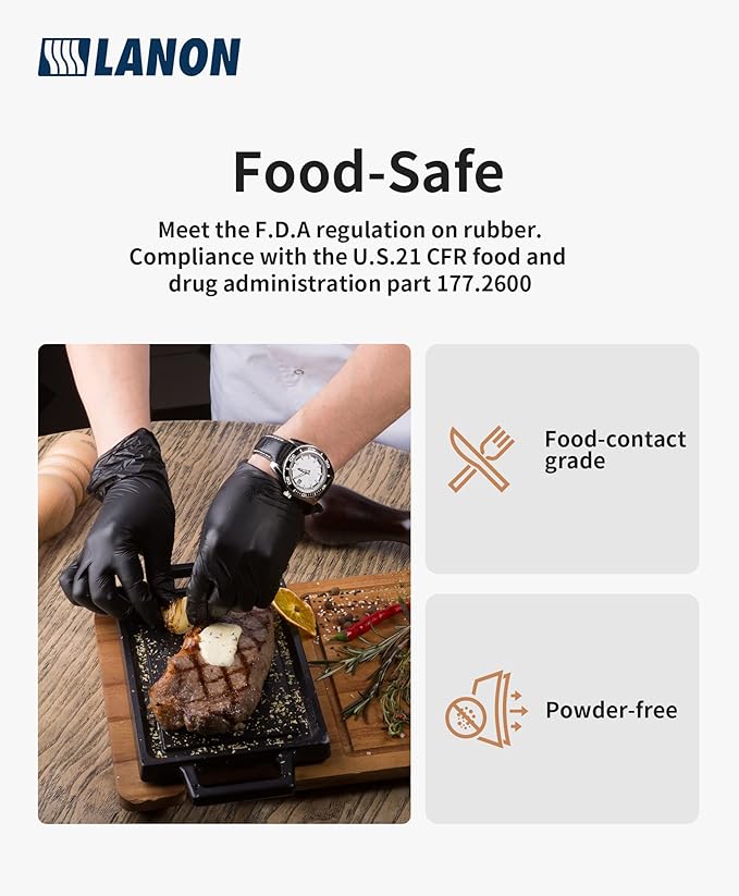 LANON 6-mil Black Nitrile Disposable Gloves, Food-Safe, Powder-Free, Heavy-Duty, Textured Fingertips, Latex-Free, Medium