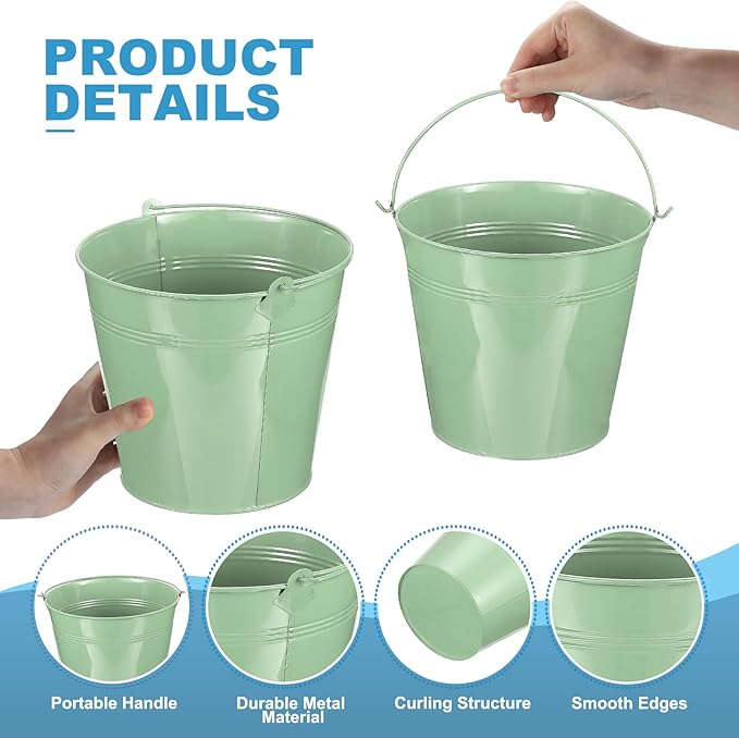 PATIKIL 7"x6.2" Small Metal Buckets with Handle, 6 Pcs Mini Galvanized Bucket Colorful Easter Buckets for Crafts Party Favors Decoration, Light Green