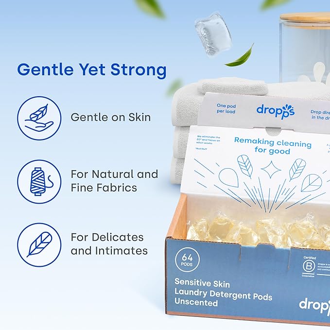 Dropps Sensitive Skin Laundry Detergent Pods, Unscented (160 Count) - Dermatologist Tested Laundry Pods - HE Compatible Laundry Supplies for Clean Clothes, Vegan & Dye-Free
